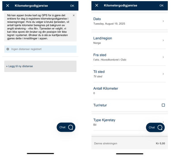 Bildet viser registreringsbildet til kilometergodtgjørelse
