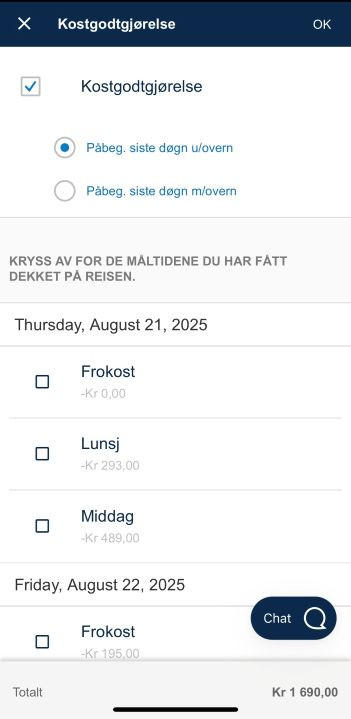 Bildet viser registreringsbildet til kostgodtgjørelse med valget om påbegynt siste døgn uten overnatting.