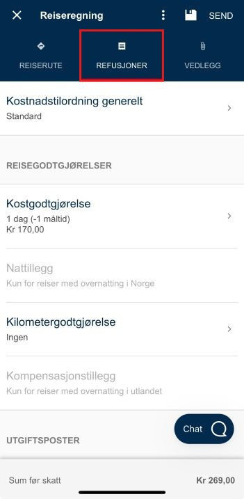 Bildet viser fanen Refusjoner i reiseregningen.