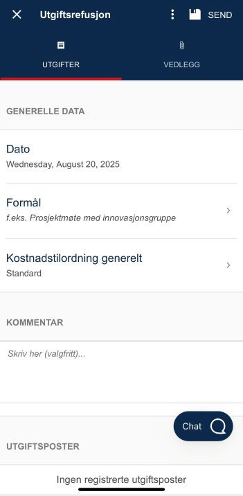 Bildet viser registreringsbildet til utgiftsrefusjoner