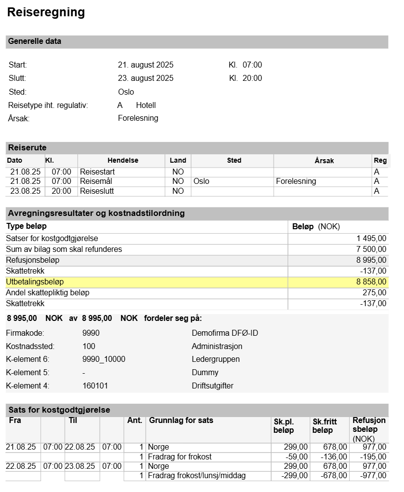 Bildet viser detaljert oversikt over reiseregningen.
