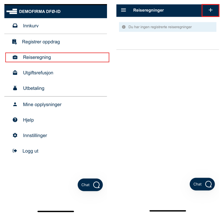 Bildet viser Reiseregning i hovedmenyen og +-ikonet inne på reiseregninger.
