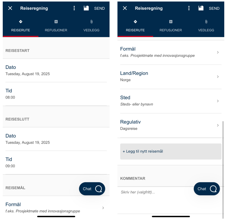 Bildet viser feltene dato, tid, formål, land, sted og regulativ.