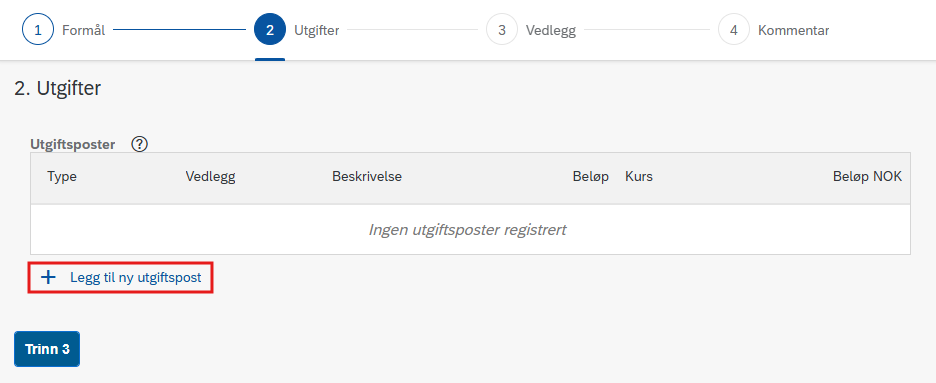 Bildet viser registreringsbildet i Trinn 2 - Utgifter og knappen + Legg til ny utgiftspost.