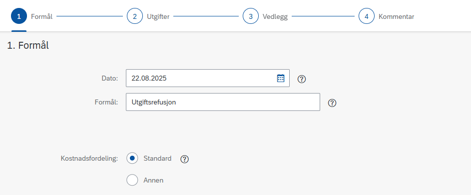 Bildet viser feltene i Trinn 1 - Formål.
