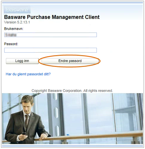 Skjermbildet viser at du logger på med nytt passord ved å klikke på "Endre passord" i Basware (PM klient).
