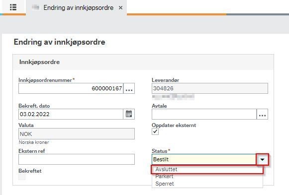 Skjermbilde av system for å annullere ordre.