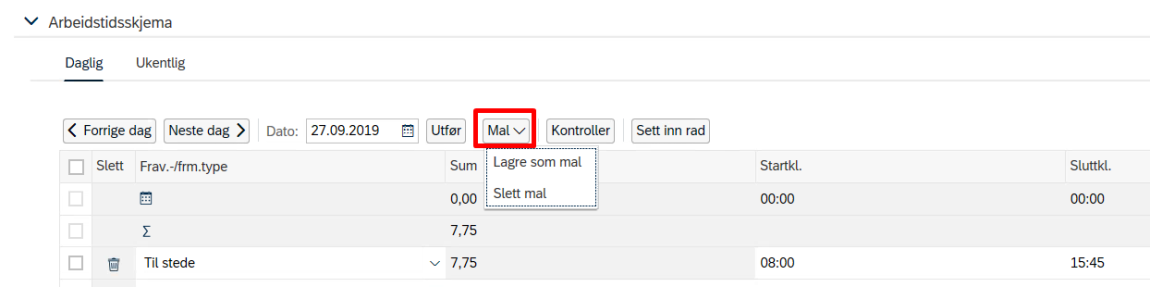 Arbeidstidsskjema med markering for mal