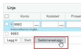 Bildet viser hvor du finner saldotransaksjon, som balanserer bilaget på den raden du står på