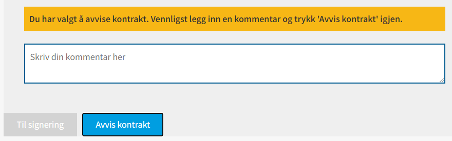 Skjermbildet viser avvisning av kontrakt.