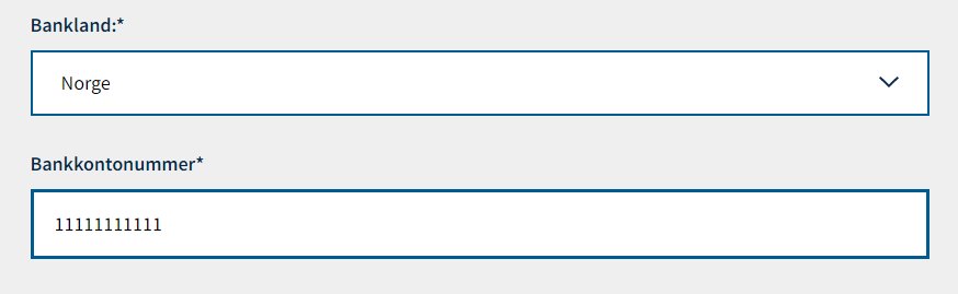 Skjermbildet viser felter for bankland og kontonummer