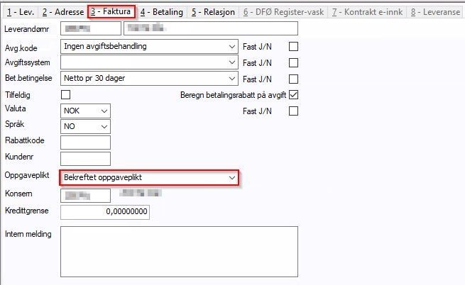 Bildet viser fane 3-Faktura i feltet «Oppgaveplikt»