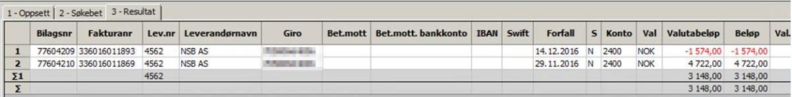 Bildet viser et resultat hvor leverandøren har et positivt beløp i summeringslinjen