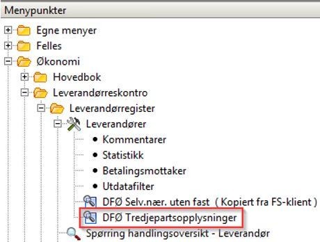 Skjermbilde av flere mapper med en rød firkant rundt "DFØ Tredjepartsopplysninger".