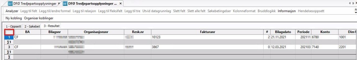 Skjermbilde av DFØ tredjepartsopplysninger innenfor fanen "resultater" med en rød firkant helt til venstre i midten. 