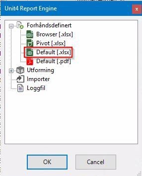 Skjermbilde i Unit4 om tredjepartsopplysninger med "Default" for excel.