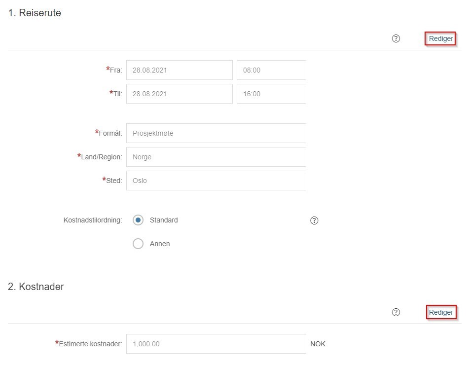 Skjermbilde av endring i reisesøknad, med informasjonsutfylling for reiserute og kostnader.
