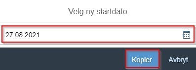 Skjermbilde av "velg ny startdato" med to røde bokser rundt kalender og knappen "Kopier".