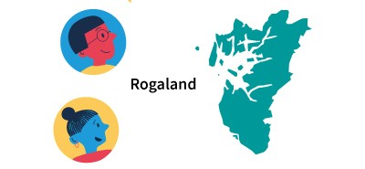 Illustrasjonen viser kart over fylket Rogaland og 2 mennesker.