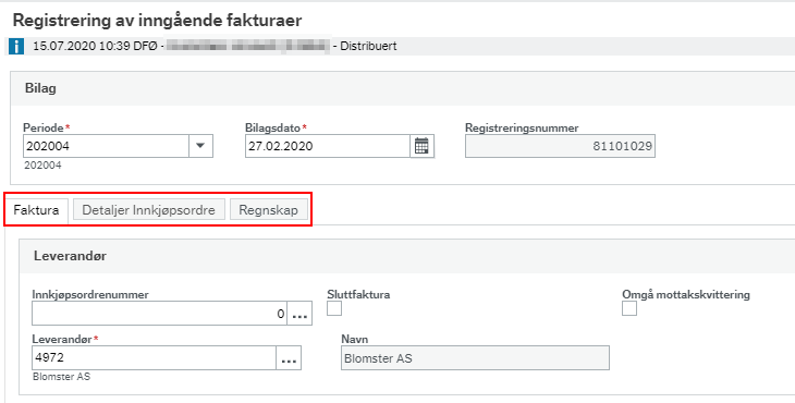 I forkontroll har du de ulike flikene for faktura, detaljer innkjøpsordre og regnskap