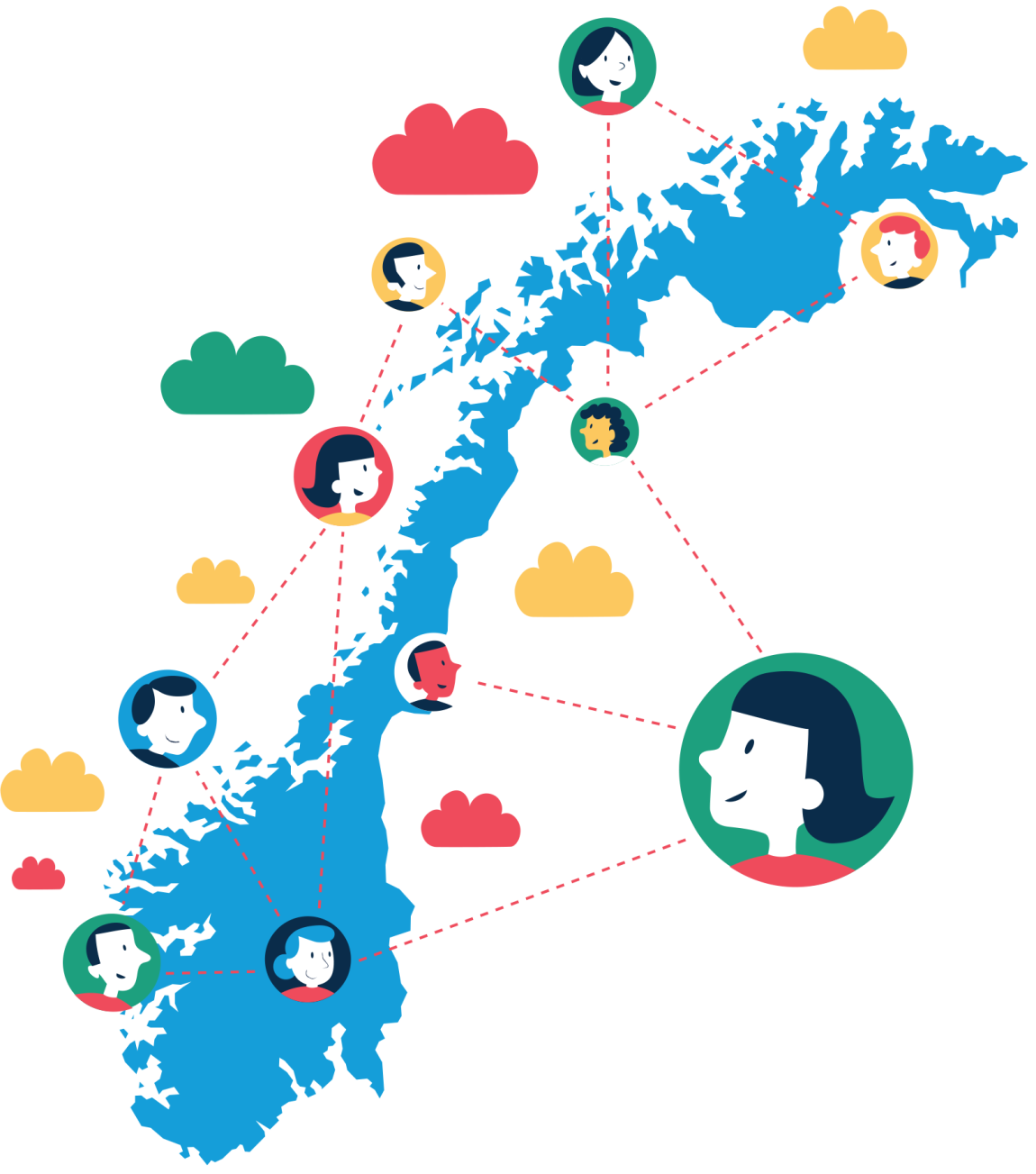 Illustrasjonen viser Norgeskart og mennesker.