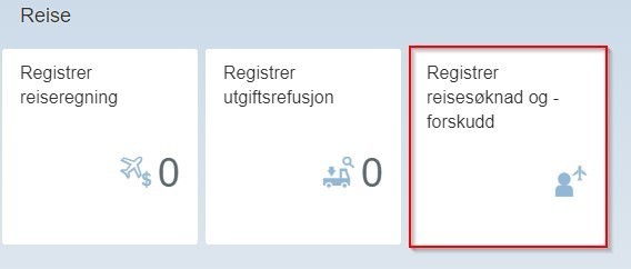 Du finner Registrer reisesøknad og -forskudd under mappekortet Reise