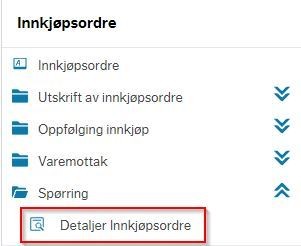 Skjermbildet viser hvor du finner spørringen "Detaljer innkjøpsordre