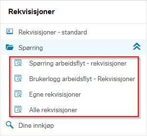 Skjermbildet viser spørringer for rekvisisasjoner.