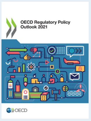 Bilde av en rapportforside av OECD Regulatory Policy Outlook 2021, med illustrasjoner av ulike figurer i farger.