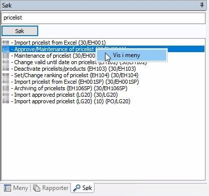 Skjermbilde av en rekke menyvalg i Pricelist.