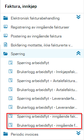 Skjermbildet viser hvor du finner de to spørringene "Spørring arbeidsflyt - inngående faktura" og "Brukerlogg arbeidsflyt - inngående faktura". 