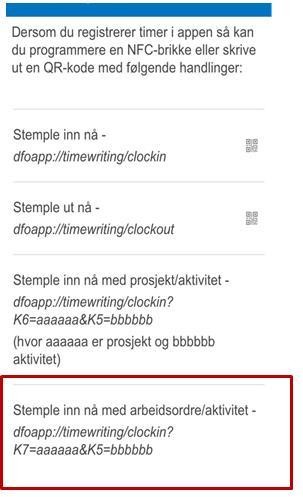 Oversiktsbilde NFC og QR kode med markering for stemple inn med arbeidsordre og aktivitet