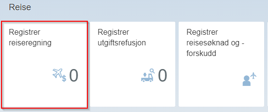 Skjermbilde av reise med en rød firkant rundt "Registrer reiseregning". 