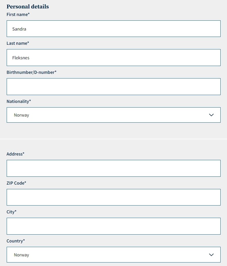 The picture shows input fields for personal details when signing a contract..