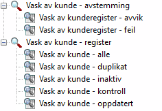 Skjermbilde av "Vask av kunde - Avstemming" og "Vask av kunde - register".