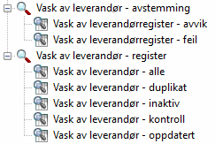 Skjermbilde av "Vask av leverandør - avstemming" og "Vask av leverandør - register". 